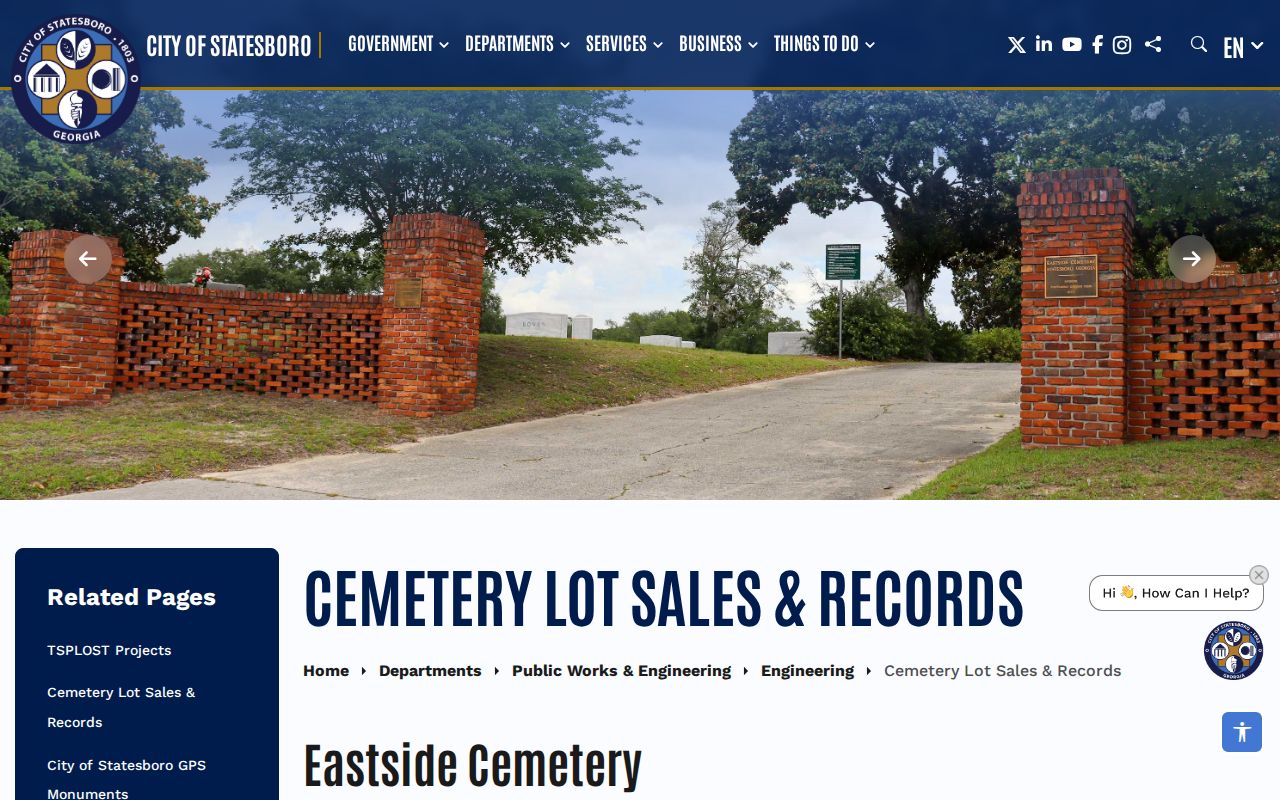 Statesboro previous residents Eastside Cemetery lot records