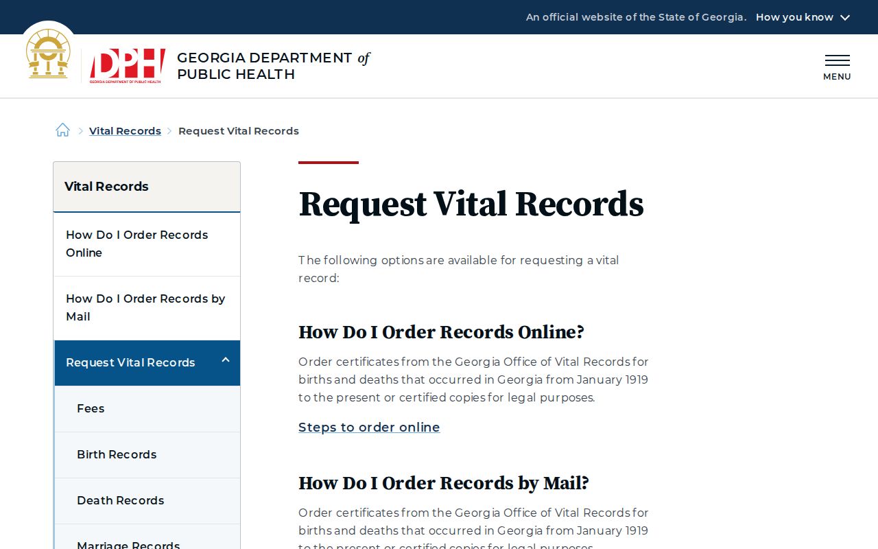 Statesboro previous residents Georgia vital record request methods